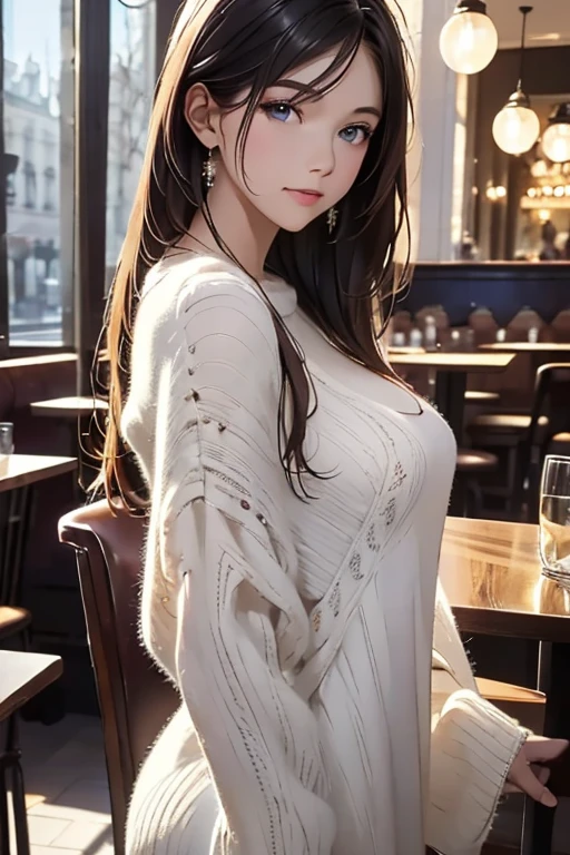  top quality , 32K,  RAW photos ,  unbelievably high resolution ,  very detailed, A neat and cute beauty, wearing loose and fluffy knit dress, slender,   PROFESSIONAL LIGHTING IN A TRENDY PARISIAN CAFE  