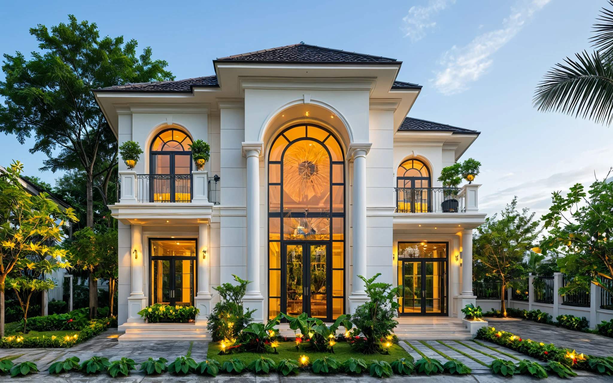 neo classical villa on street, (sunset), tropical tree, vivid colour, streetcapes, black detail, white wall, large glass door, warm interior lighting, wood and marble, best quality,