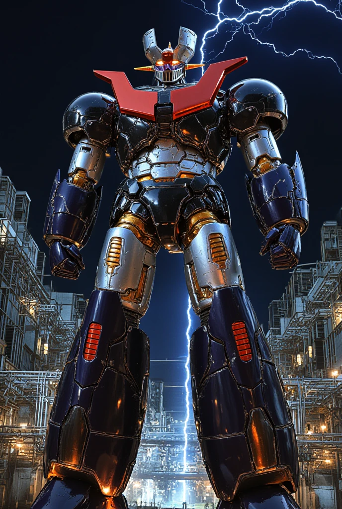  a very realistic version of the modified Mazinger Z,  Standing 100 meters high in a forward leaning position in a combat pose.   It's built with modern materials such as steel  ,   Carbon Fiber  ,   Other industrial elements are also visible  ,   just like the real thing  ,   has been carefully recreated 。.  set in a modern nuclear reactor facility 、 an industrial environment where a high voltage current flows and emits light   ,   Masinger Z standing around  ,   are illuminated by natural light  、  A huge structure highlighted by realistic shadows  . LED light lighting  　Gundam