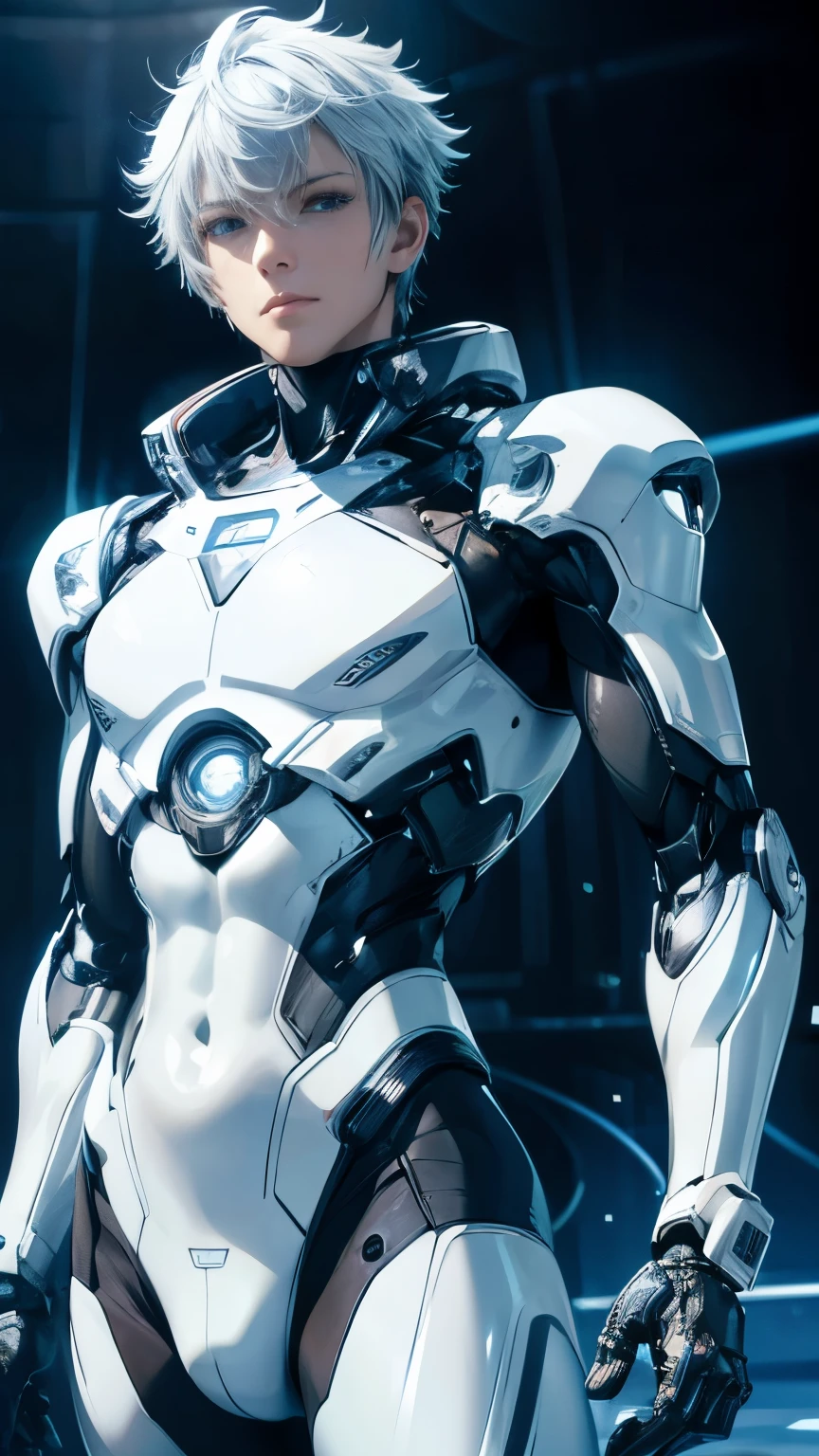 (masterpiece,high resolution,ultra - detailed:1.0),1(boy,robot boy),Perfect male body,Look at the camera,Delicate eyes and delicate face,Extremely detailed CG,Unity 8k wallpaper,Complicated details,solo person,Detailed face, (white futuristic skin tight body suit), (futuristic), (toned body with bulge) color difference, Depth of field,dramatic shadow,Ray tracing,Best quality, hands visible, (white gloves), two males