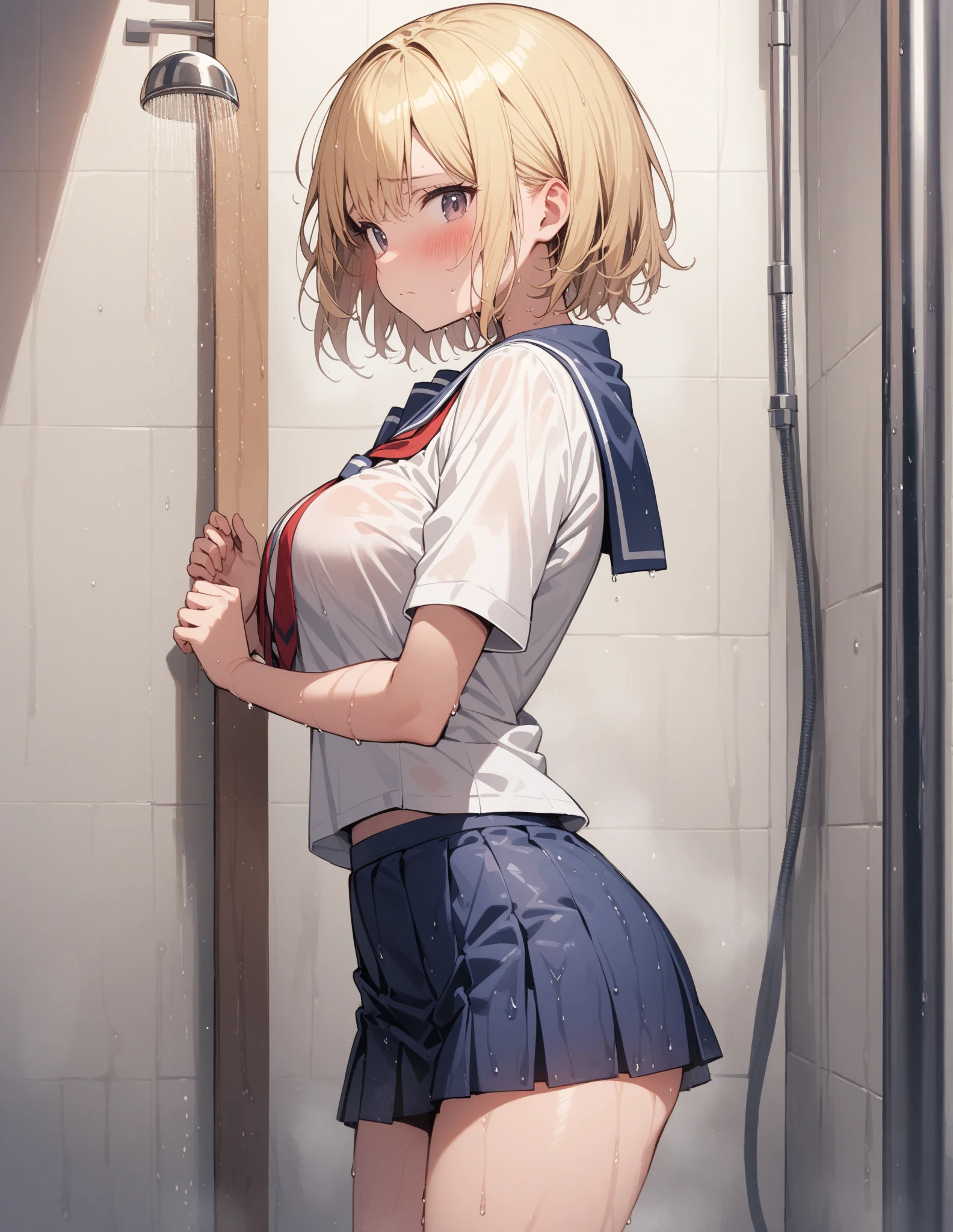 [1girl, tsunade \(naruto\), naruto \(series\)], Highest quality, Super detailed, masterpiece, Ultra-high resolution, 8K, High Contrast, bent over, (Sailor uniform, micro mini skirt, light blue striped see-through panties, Sticky panties, cameltoe, beautiful ass), (bare back, crop back), Underboob, black stockings, (Thighs), (Curvy waist), (Shower room, I take a shower), (from above)