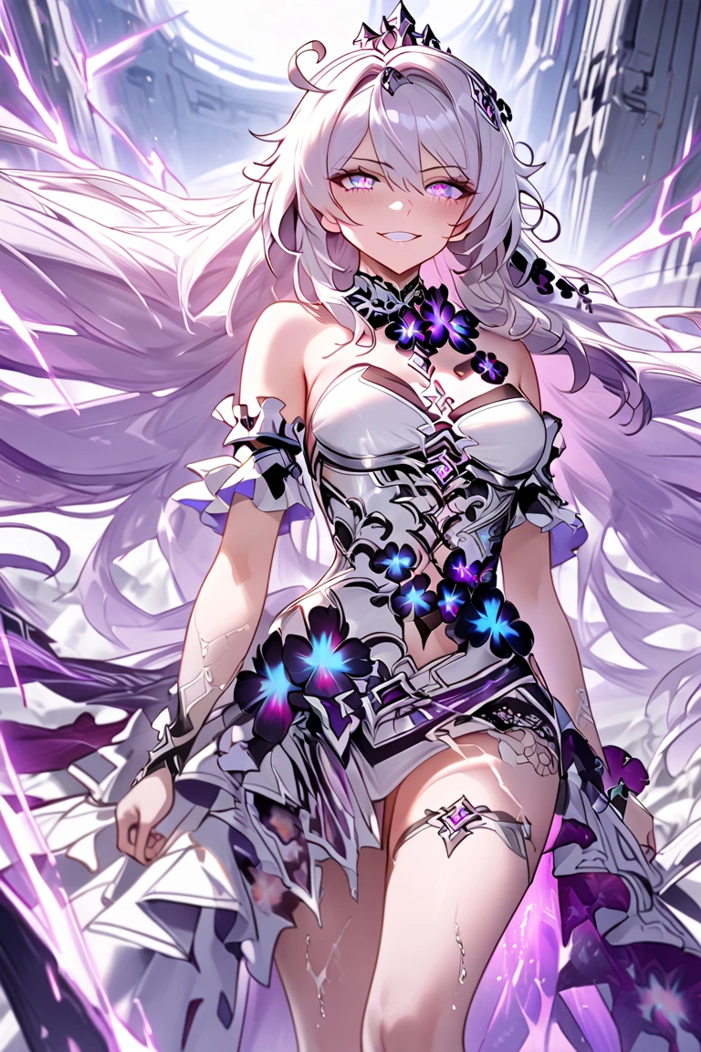 "A dramatic scene set in a futuristic lunar base with a large window revealing the grey, barren lunar landscape. At the end of a long hallway, Kiana Kaslana, the Herrscher of Finality, is depicted in all her glory: a curvaceous figure with glowing violet eyes, flowing white and purple hair, and an elegant yet provocative dress that emanates power and intensity. Her presence exudes both longing and uncontainable energy, surrounded by subtle sparks and a faint mist. The metallic floor beneath her feet shows signs of melting from her overwhelming power. Her flushed face and predatory, perverted smile are directed towards the viewer, intensifying the charged, electrifying atmosphere in contrast to the cold calm outside."
