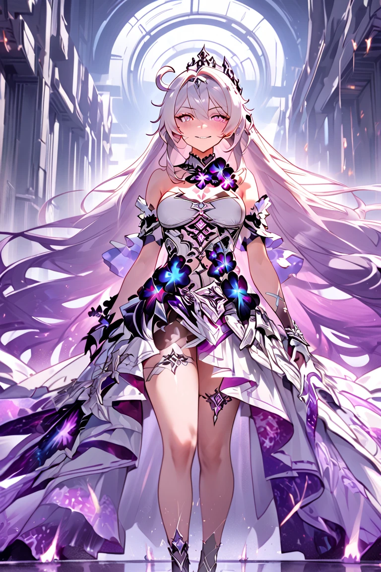 "A dramatic scene set in a futuristic lunar base with a large window revealing the grey, barren lunar landscape. At the end of a long hallway, Kiana Kaslana, the Herrscher of Finality, is depicted in all her glory: a curvaceous figure with glowing violet eyes, flowing white and purple hair, and an elegant yet provocative dress that emanates power and intensity. Her presence exudes both longing and uncontainable energy, surrounded by subtle sparks and a faint mist. The metallic floor beneath her feet shows signs of melting from her overwhelming power. Her flushed face and predatory, perverted smile are directed towards the viewer, intensifying the charged, electrifying atmosphere in contrast to the cold calm outside."
