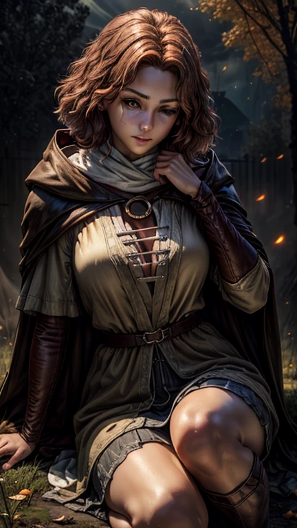 (unparalleled masterpiece, ultra realistic 8k CG, perfect artwork, photorealistic,best quality), high quality fantasy, lens_flare, solo, dark studio, low key, full body, dim theme,
1 pretty young girl, perfect female body, (detailed pretty face), adventurer, short wavy pink hair, (big bright eyes), one eye closed, eye scar, eye tatoo, medium breasts, brown cloak with hood, white dress,long sleeve gloves, (cleavage cutout:0.2), narrow waist, knees on ground, slim, belt, thighhighs, smooth thighs, no expression, worried, gloominess, sexy, eyelashes, detailed skin texture, (looking at viewer:1.3), delicate pattern, intricate detail, elden ring, ash, fire, candle, butterfly, floating golden leaves, burning red woods, windy, dark sky, <lora:melinaEldenRingLora_v1:1>, <lora:epiNoiseoffset_v2:1>