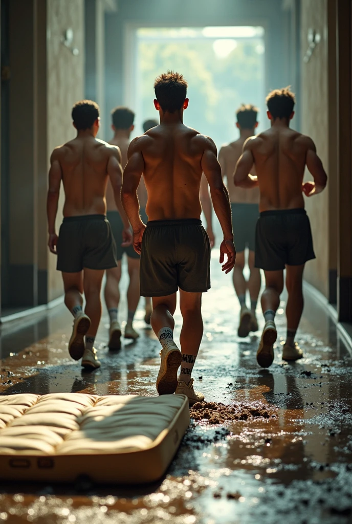 Men running in white underwear in an army barracks.