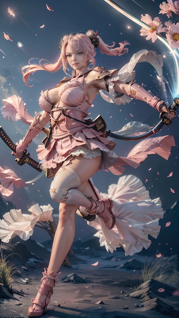  young woman, warrior,((wielding a katana_weapon:1.8)), very detailedな, realisti,((seductive smile:1.3)),Combat Stance,Acrobat Angle, Creative Action,  extremely detailed, Imaginative,  sensual, spontaneous ,  top quality ,  skin texture, ((absurdly long hair,twintails)),((Pastel pink:1.6)), (led eyes), toned body ,(huge breasts:1.8), plump thighs, ( white pink armor with a cosmos flower pattern engraved ),(( leather samurai armor knight)), bikini type design that emphasizes chest exposure ,sideboob,  Wear a white pink cape with a cosmos flower pattern , ((ruffled skirt:1.3)), White shin guard with a cosmos flower pattern engraved on it , Black high-leg underwear ,  Black Tights ,  absolute domain,  intricate details  , (( blue sky)),((Meteor shower:1.3)),(()), ((Cosmos flower petals background:1.3)), ((Cosmos flower petals:1.3)), ((Cosmos flower petals dancing in the wind:1.3)),( Cosmos flowers in full bloom ),(前面に Cosmos flowers in full bloom ), (confetti),  RAW photos , 8k, masterpiece,  top quality , ultra detail, very detailed,  intricate details  , high res,超 intricate details , very detailed 8k cg wallpaper,