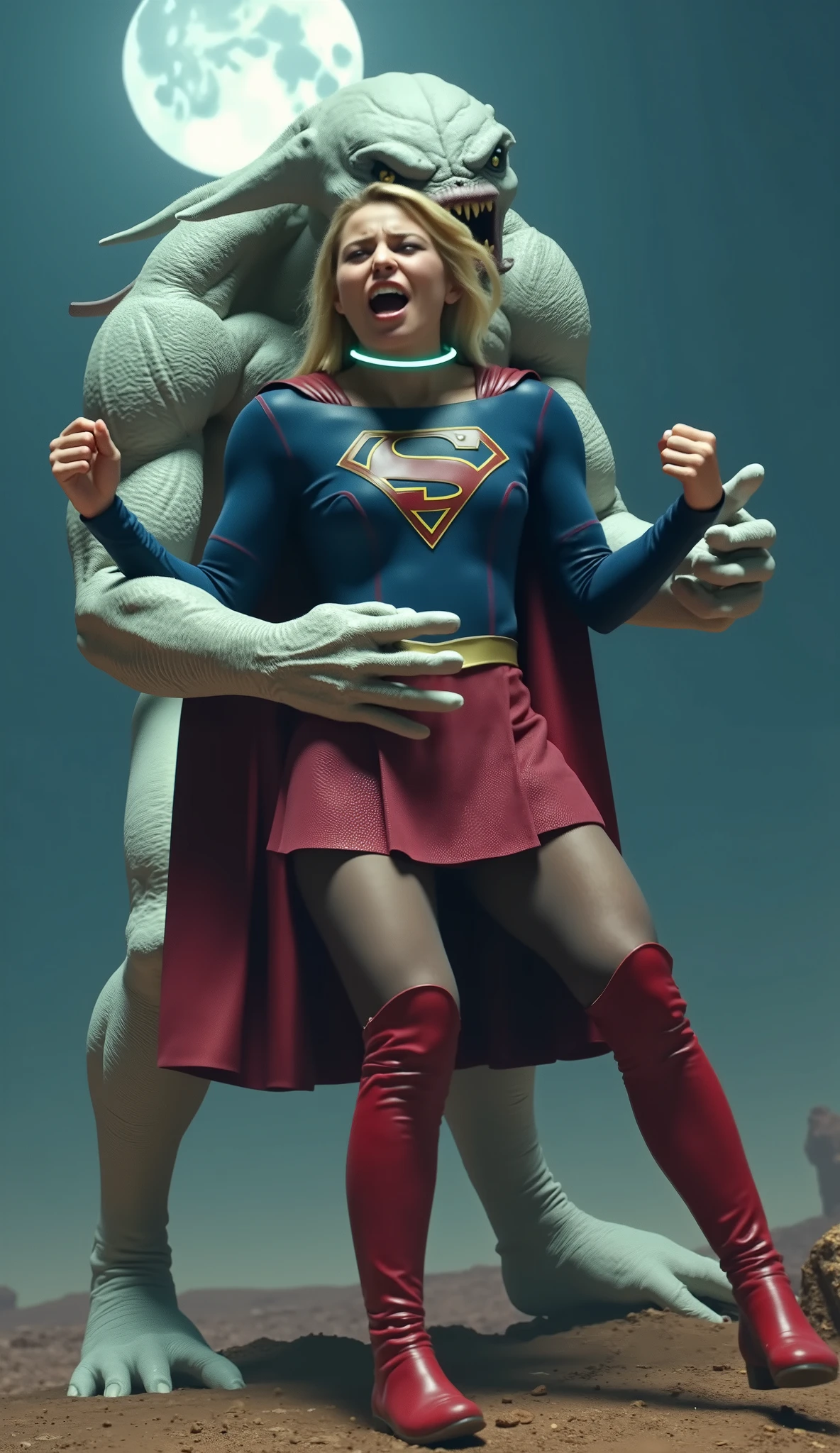 Supergirl is fighting with a big alien monster, very bright white skin, can see whole body, She is wearing a thin black pantyhose, short red leather fabric skirt, red knee height long boots, blonde hair, lighting green collar on her neck, She is screaming in pain, seriously injured, painful, a huge body fierce Alien Monster hold and carry Supergirl body, the Alien Monster seize her body tightly and bite her neck, photorealistic, hyper realistic, night time on the Mar with moon lighting,