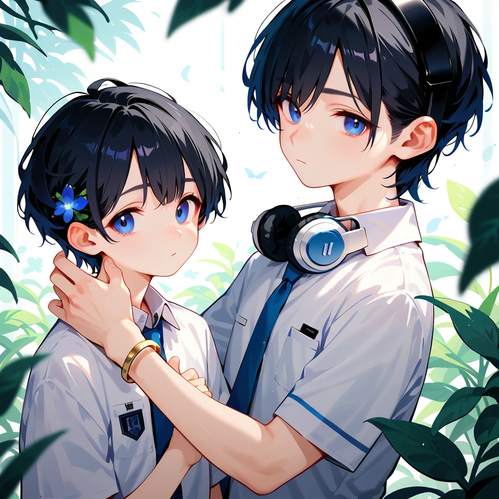 score_9,score_8_up,score_7_up,masterpiece,(1boy),19-years-old ,university student,BREAK Nagi-kun ,black hair,very short,(Forehead:0.8),dark blue eyes,(baby face:0.7),( melancholy expression:0.8),Petite,slim break short sleeve dress shirt, blue tie ,Silver Polaris Embroidered ,moonstone bangle, headphones around the neck,(Tsukuyomi:0,8),( Susanoo:0.8),(((Alone)))