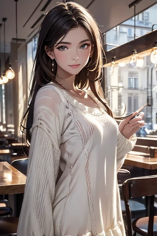  top quality , 32K,  RAW photos ,  unbelievably high resolution ,  very detailed, A neat and cute beauty, wearing loose and fluffy knit dress, slender,   PROFESSIONAL LIGHTING IN A TRENDY PARISIAN CAFE  