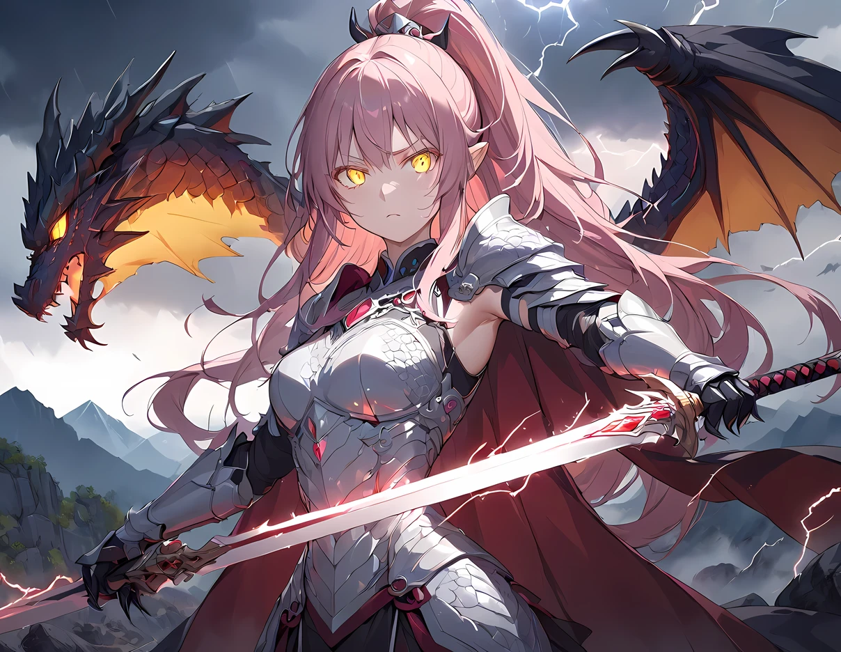 ((best quality)), ((masterpiece)), (detailed), perfect face, (best quality), (detailed skin:1.3), (intricate details), pink hair, long ponytail, ining silver armor adorned with intricate engravings, holding a majestic sword that glows faintly with an otherworldly light. Her short, flowing cape flutters in the wind, and her determined expression shows unwavering courage. The dragon is colossal, its scales shimmering in dark hues of red and black, with glowing yellow eyes and menacing claws. The setting is a rocky mountain peak under a stormy sky, with lightning illuminating the scene, creating an epic and dramatic atmosphere.