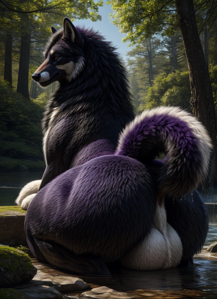 (high quality,4k,8k,highres,masterpiece:1.2),ultra-detailed,(realistic,photorealistic,photo-realistic:1.37),pixiv masterpiece,(intricate details), nsfw, chubby wet ((feral)) wolf with highly detailed black and purple fur and (((long fluffy hair))), sitting, feral, stunningly sharp-focus, charming chubby body, curvy, huge ass, very big ass, wet ass, wide hips, huge thighs, enchanting black hue, swaying tail, impressive mane, powerful presence, mesmerizing beauty, sexy posture, well-defined claws, sinister-hearted, radiant aura, captivating artwork, artistically rendered, masterful strokes, attention to detail, tasteful composition, alluring charm, careful shading, great attention to anatomy, meticulous rendering, impeccable craftsmanship, vivid colors, perfect balance between realism and fantasy, wet, sweaty, big fluffy tail, thick tail, squish focus, Landscape shot, ((huge haunches, huge hips, huge thighs, huge ass)), ((hyper balls, huge balls, scaled balls, huge fluffy sheath, presenting sheath, canine penis tip, flufffy balls)), huge fluffy tail, leaking precum, animal genitalia, anus 