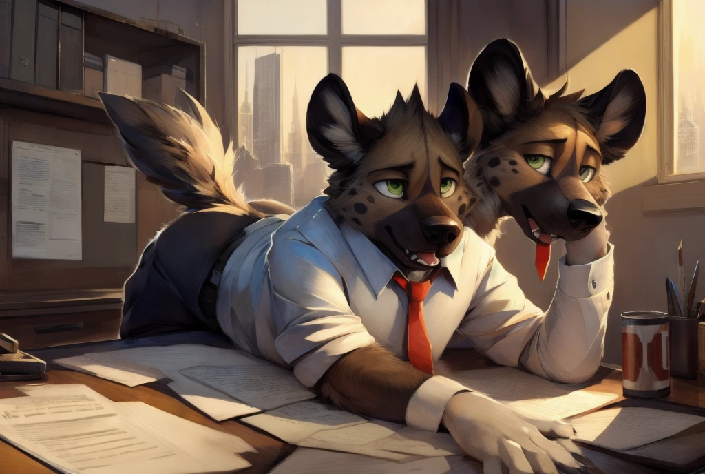 haida, hyena, nuzzle, male, spotted hyena, hyena boy, yellowish green eyes, fangs, spots, spotted body, white canine tail, white hands, white fingers, cheek tufts, neck short tufts, fur, lean, (wearing office outfit/ white shirt and red tie), by Bayard Wu, by Thomas Benjamin Kennington , (by Einshelm), solo, (sketch lines, colored sketch), volumetric lighting, dynamic light, full body, intricate details, absurd res, 8k, the best quality, the best resolution, masterpiece, beautiful composition, absurd res, needy eyes, submissive, excited, office setting, desk, documents and files, laying submissivley, arms holding butt, thick butt, plump butt, panting, butt crack,wall clock, city landscape, morning light, longing gaze, beer can,
