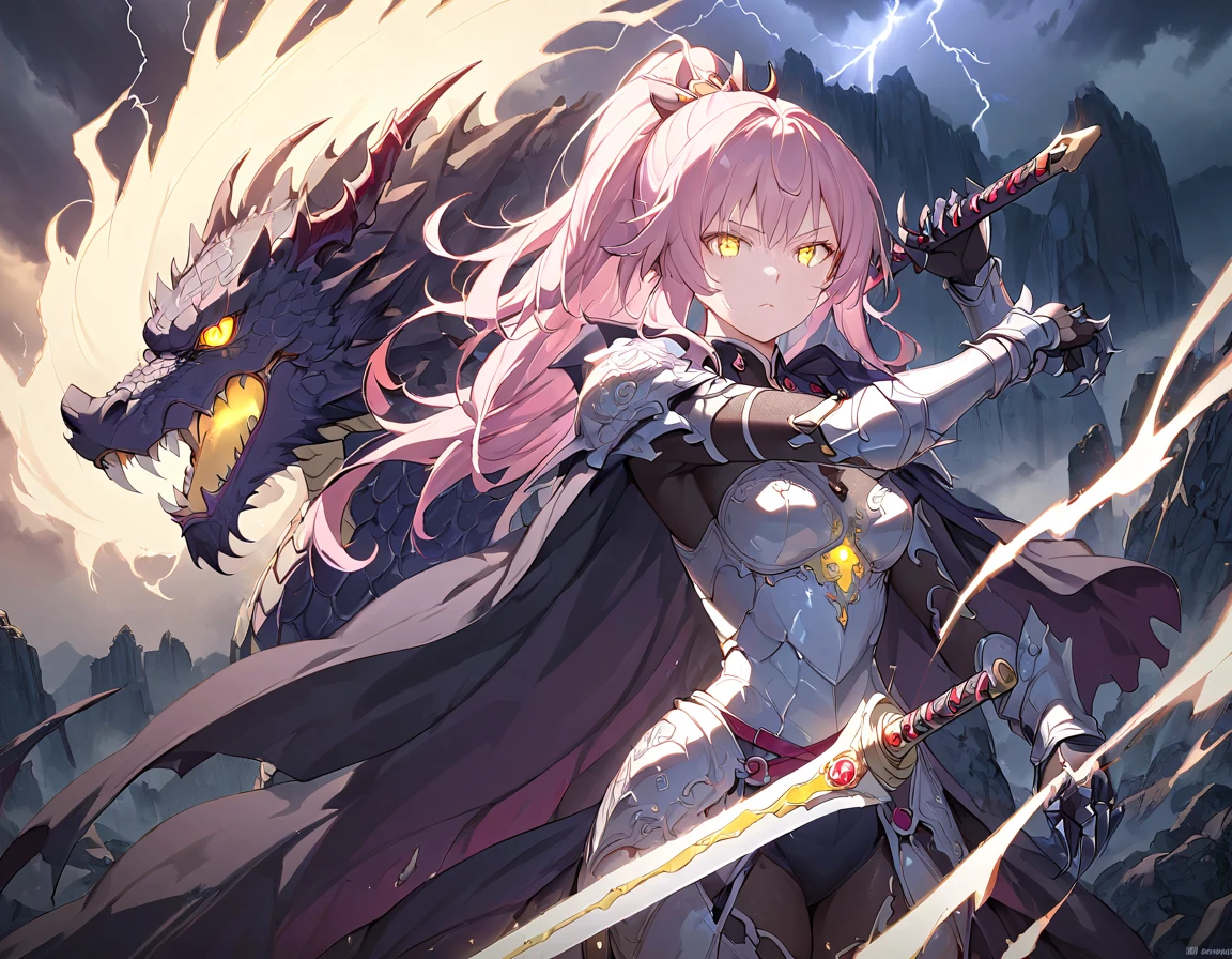 ((best quality)), ((masterpiece)), (detailed), perfect face, (best quality), (detailed skin:1.3), (intricate details), pink hair, long ponytail, ining silver armor adorned with intricate engravings, holding a majestic sword that glows faintly with an otherworldly light. Her short, flowing cape flutters in the wind, and her determined expression shows unwavering courage. The dragon is colossal, its scales shimmering in dark hues of red and black, with glowing yellow eyes and menacing claws. The setting is a rocky mountain peak under a stormy sky, with lightning illuminating the scene, creating an epic and dramatic atmosphere.