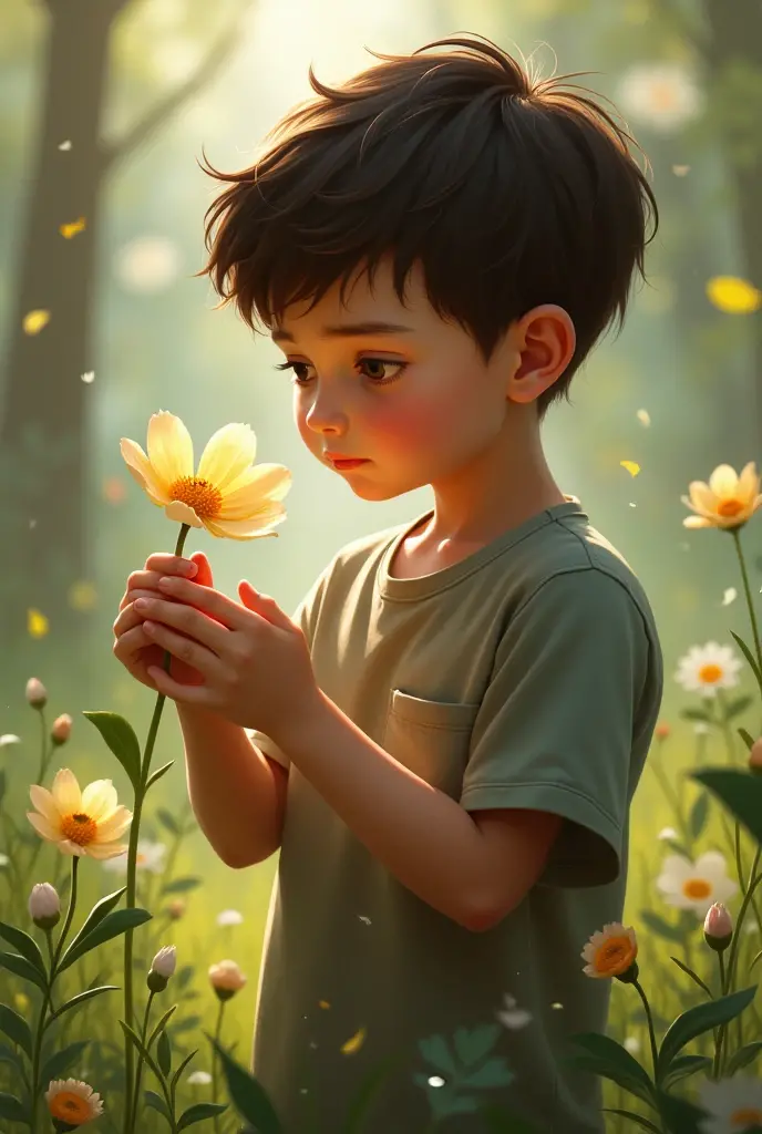 A little boy playing in the forest, atmospheric distance sense, full body picture, epic fantasy digital art style, epic fantasy art style HD, epic fantasy art style, detailed fantasy digital art, epic fantasy style art, epic exquisite character art, 4K fantasy art, 2. 5 D CGI anime fantasy artwork, man wearing a flower on his head, photo of the most beautiful artwork in the world with a soft sheen, ((epic hero fantasy, great location, majestic environment), full body 8k uniform rendering, action shot, skin pores, heavy shadows, detailed, detailed face, (vibrant, photo realistic, realistic, dramatic, dark, sharp focus, 8k), (Complex: 1.4), Decadence, (High Detail: 1.4), Digital Painting ArtStation, Concept Art, Smooth, Sharp Focus, Illustration, Artgerm Art, (Loish: 0.23), Wlop Ilya Kuvshinov, and Greg Rutkowski and Alphonse Mucha Gracias, (Global Illumination, Studio light, volumetric light), particles floating, face detail, eyes more detailed