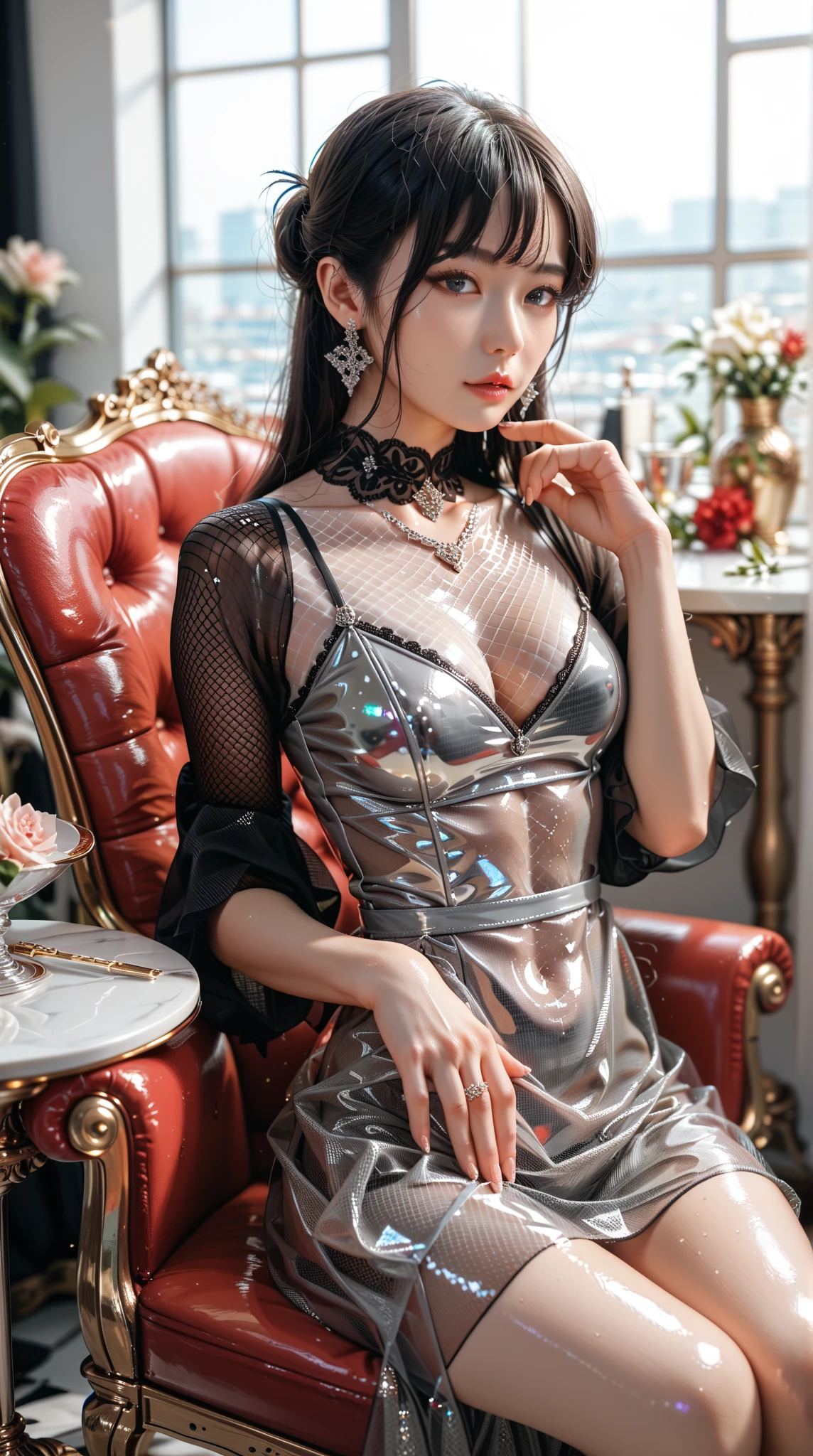 ((iridescence)),((Highest quality, 8k, masterpiece :1.3)), 1 innocent girl:1.3, (short hair,Beautiful breasts :1.2 , Highly detailed face, Beautiful Eyes, double eyelid,whole body,Cute Face,(Realistic Face),(Realistic Skin),Smart Body,half Japanese and half European,Innocent face,(((red color))),Ultra mini skirt,Sitting,arms up behind