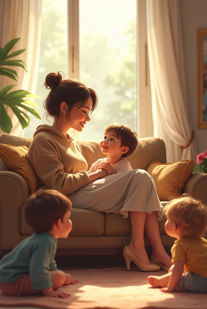 A mother relaxing on the couch with a smile on her face, while a healthy lunch box is ready next door. The environment transmits tranquility and relief, with the children playing happily in the background. The scene is lit up, with soft colors and a cozy atmosphere that reflects calm and satisfaction.