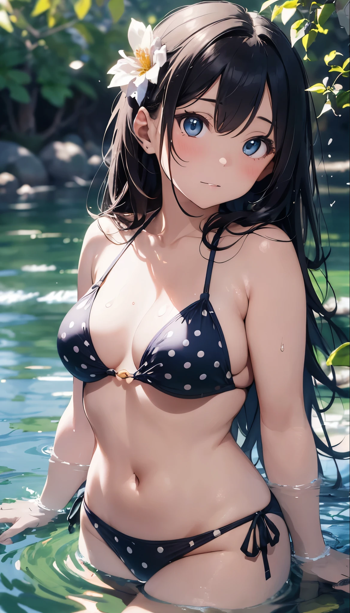 最high quality、Best image quality、masterpiece、With a girl((cute、、Best Bust、Medium Bust、Beautiful Blue Eyes、Spread your chest wide,Black Hair、Slender、The best valley、Blue school swimsuit,Show the whole body、Blue Mesh,swim,smile)）high quality、Beautiful art、background((summertime、Pool facilities、A large number of people々)),Tabletop、Exquisite design、Visual Arts、Depth of written boundary、Best lighting、Highest detail、8ｋ