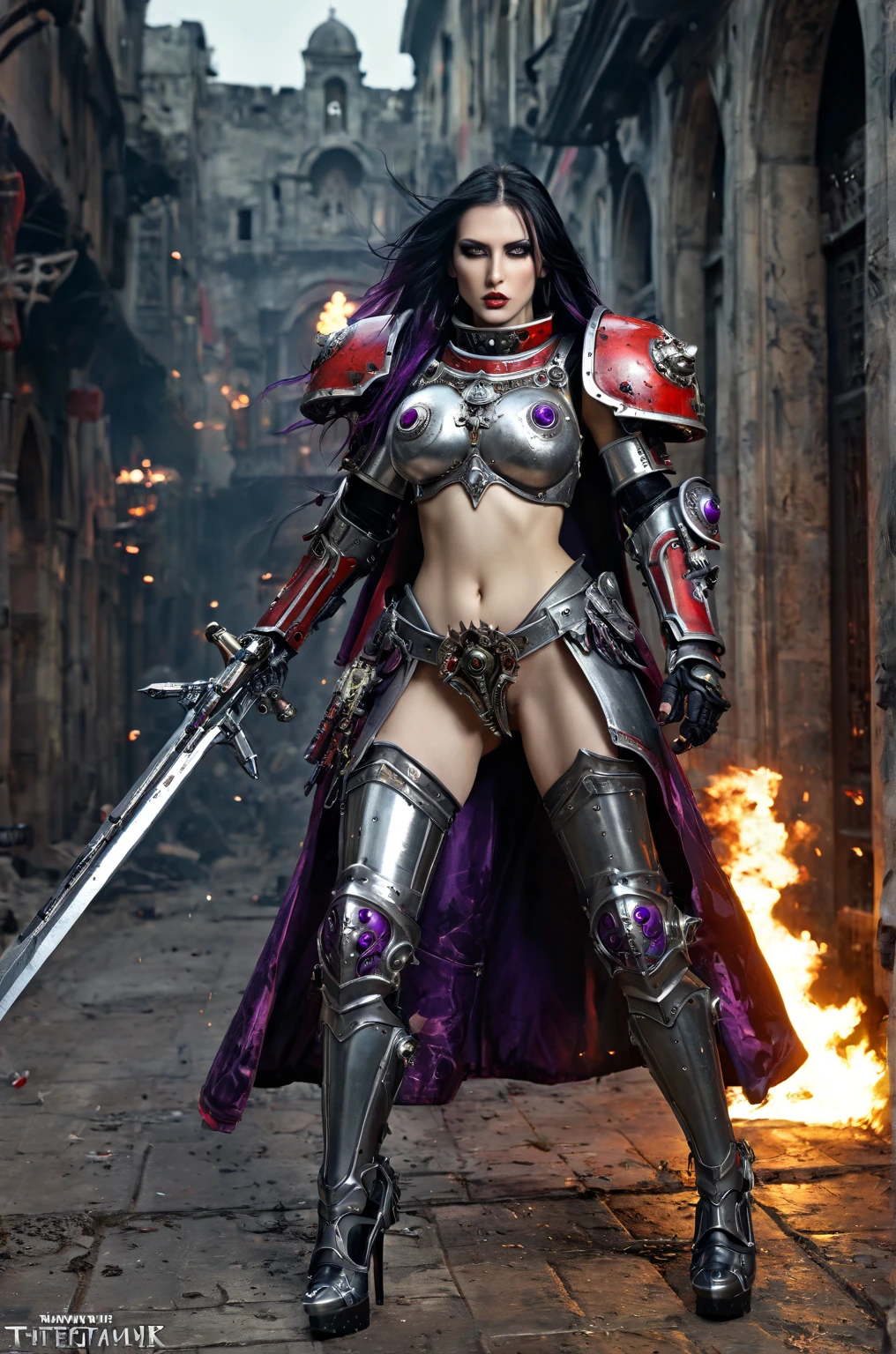 Full body pose sexy sisters of battle from the warhammer 40k, shooting at the enemy, white armor with intricate details, red armor with intricate details, religous symbols on the armor, sisters of battle, warhammer 40k, Massive silicone breast, pale skin, seductive, temptation, eat your soul, clevage, long flowing black hair with purple highlights, heavy gothic makeup, at night, neon, beautiful detailed eyes, beautiful detailed lips, extremely detailed eyes and face, long eyelashes, highly detailed armor, intricate futuristic weaponry, dramatic lighting, cinematic composition, muted color palette, gritty and realistic, mecha, science fiction, hyper-detailed, photorealistic, award winning digital art, 8k, HDR, masters work, in the middle of a battle field, full body combat action pose, explosions and fire around, full war, stunning, Stilleto heels, high heels, full body pose, cinematic, movie trailer, final stand!, nemesis, ready to strike, dust and debree, combat screams, attacking, shooting at the enemy, running forward, last line of defense, charging, fanatic, religious, templar knights, sisters of battle, warhammer 40k