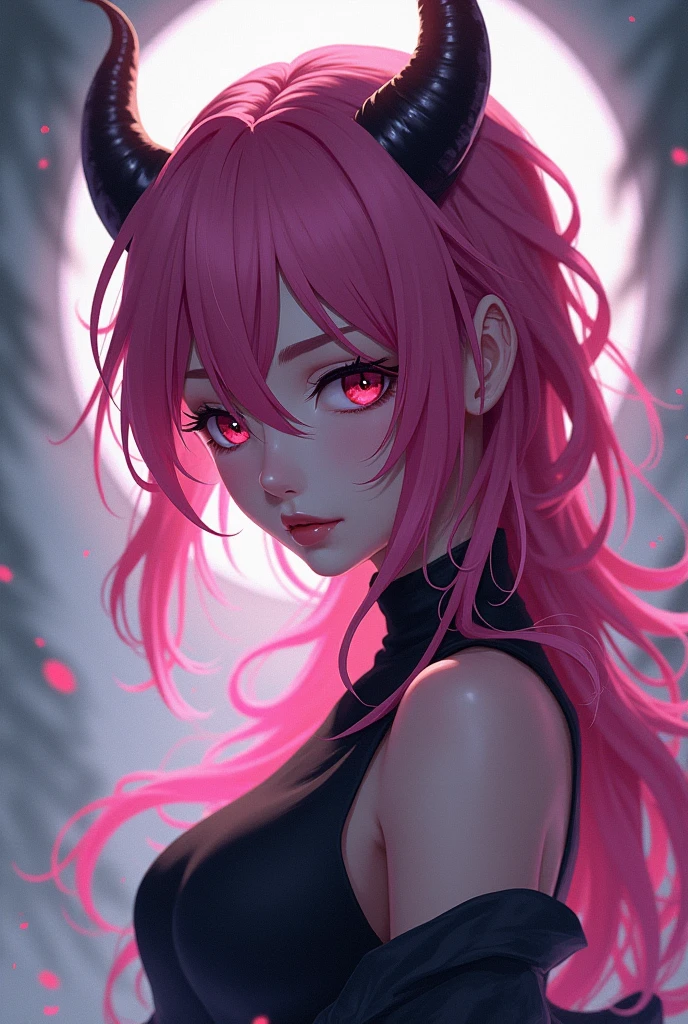 A demon woman, pink hair with blue tips, anime style