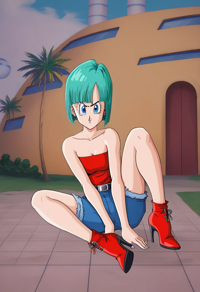 source_anime, score_9, score_8_up, score_7_up, anime screencap, bulma \(dragonball\), 1girl, bikini, solo, breasts, looking at viewer, blue eyes, hair ornament, medium breasts, splashes, ass, outdoors, sky, shorts, day, belt, looking back, cloud, water, from behind, blue sky, pink house, fingernails, wind, leg pouch, holstered pistol, leg holster, short shorts, aqua hair, sideboob, thigh strap, bird, umbrella, one side up, denim, building, bikini top only, denim shorts, palm tree, camouflage, from below, looking to the side
