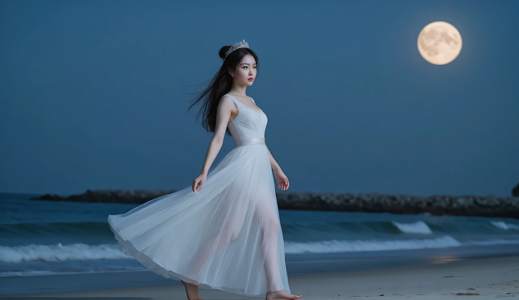 The style is hyper realistic image of a korean woman, adorable with her hair into two buns on top and bangs, wearing a white princess dress, with a tiara crown, barefoot, walking, night, full moon, beachside, moonlight adds to the graceful impression of the female character.