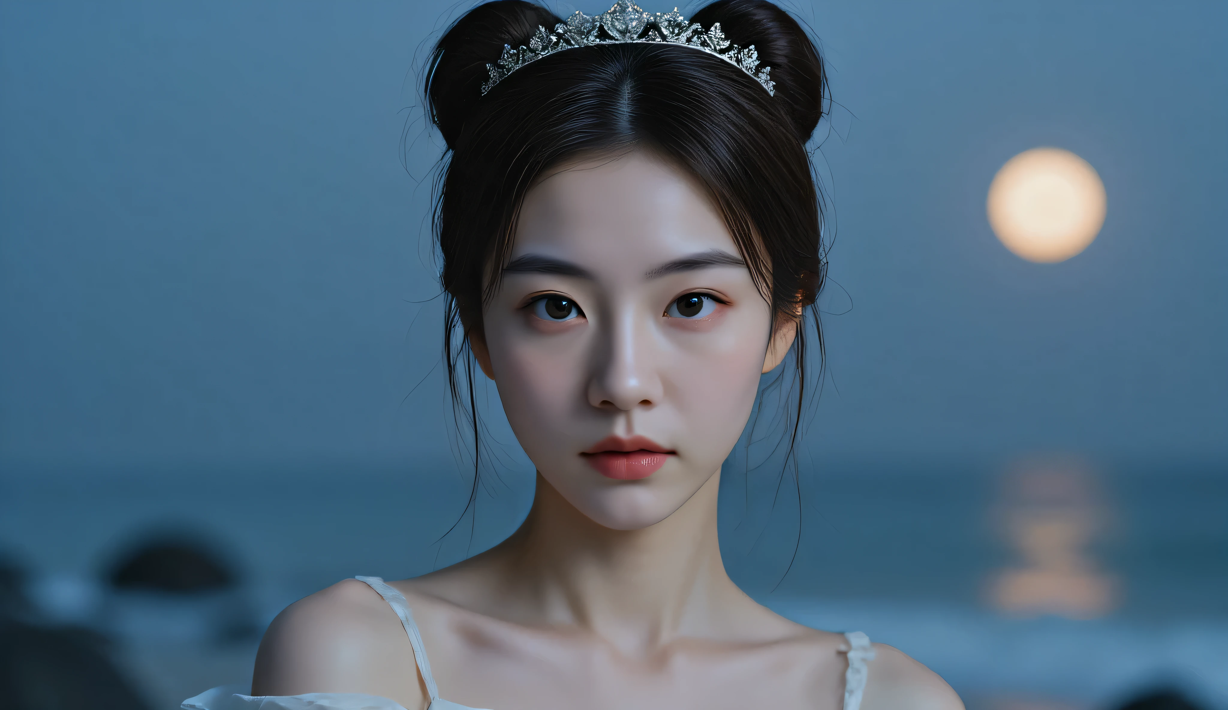 The style is hyper realistic image of a korean woman, adorable with her hair into two buns on top and bangs, wearing a white princess dress, with a tiara crown, night, full moon, beachside, moonlight adds to the graceful impression of the female character.