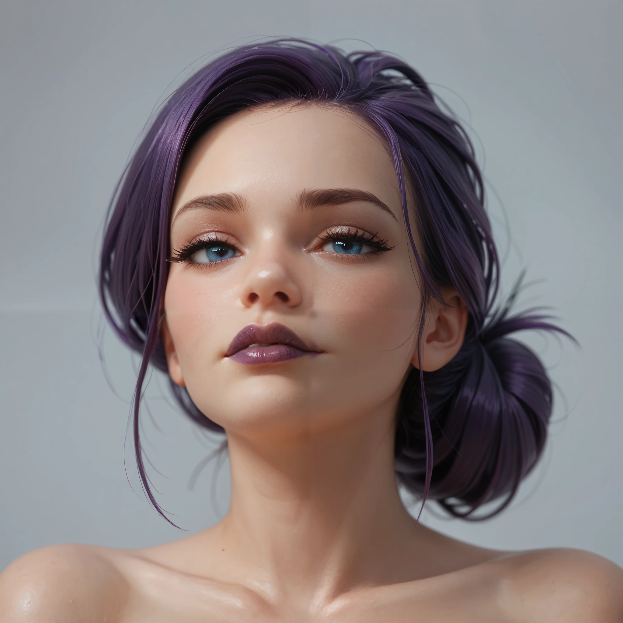 female, curvy, thick, sexy, lovely, dark purple hair, hair tied up, dark blue eyes, dark purple lip stick, pleased, naked, head shot, head, close up,