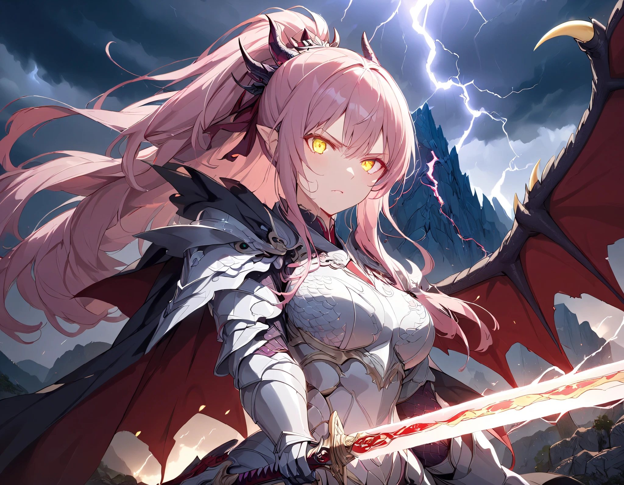 ((best quality)), ((masterpiece)), (detailed), perfect face, (best quality), (detailed skin:1.3), (intricate details), pink hair, long ponytail, ining silver armor adorned with intricate engravings, holding a majestic sword that glows faintly with an otherworldly light. Her short, flowing cape flutters in the wind, and her determined expression shows unwavering courage. The dragon is colossal, its scales shimmering in dark hues of red and black, with glowing yellow eyes and menacing claws. The setting is a rocky mountain peak under a stormy sky, with lightning illuminating the scene, creating an epic and dramatic atmosphere.