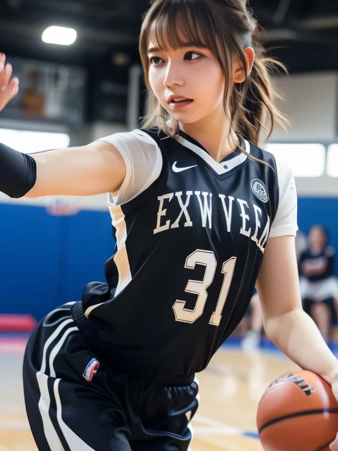 A young female basketball player executing a dynamic jump shot with precision and grace. The basketball is held firmly in both hands as she aims for the hoop, her form exuding confidence and mastery. Her slim-fit basketball uniform highlights her athletic build, while black high socks and matching sneakers provide a sleek and modern look. Her neatly braided black hair arcs through the air as she leaps, with her intense black eyes fixed firmly on the goal. The polished wooden floor of the brightly lit gymnasium reflects the action, emphasizing the energy, elegance, and competitive spirit of the moment. smiles gently, FRIENDLY. ( RAW photos , top quality ), ( realistic , photo- realistic :1.4), masterpiece, extremely delicate and beautiful, extremely detailed, 2k wallpaper, amazing on the beach, Detailed description, extremely detailed CG unity 8k wallpaper, ULTRA DETAIL, high res, Soft light, beautiful detailed girl looking back, extremely detailed eyes and face, beautiful detailed nose, beautiful detailed eyes, cinematic lighting, Perfect Anatomy, slender body.