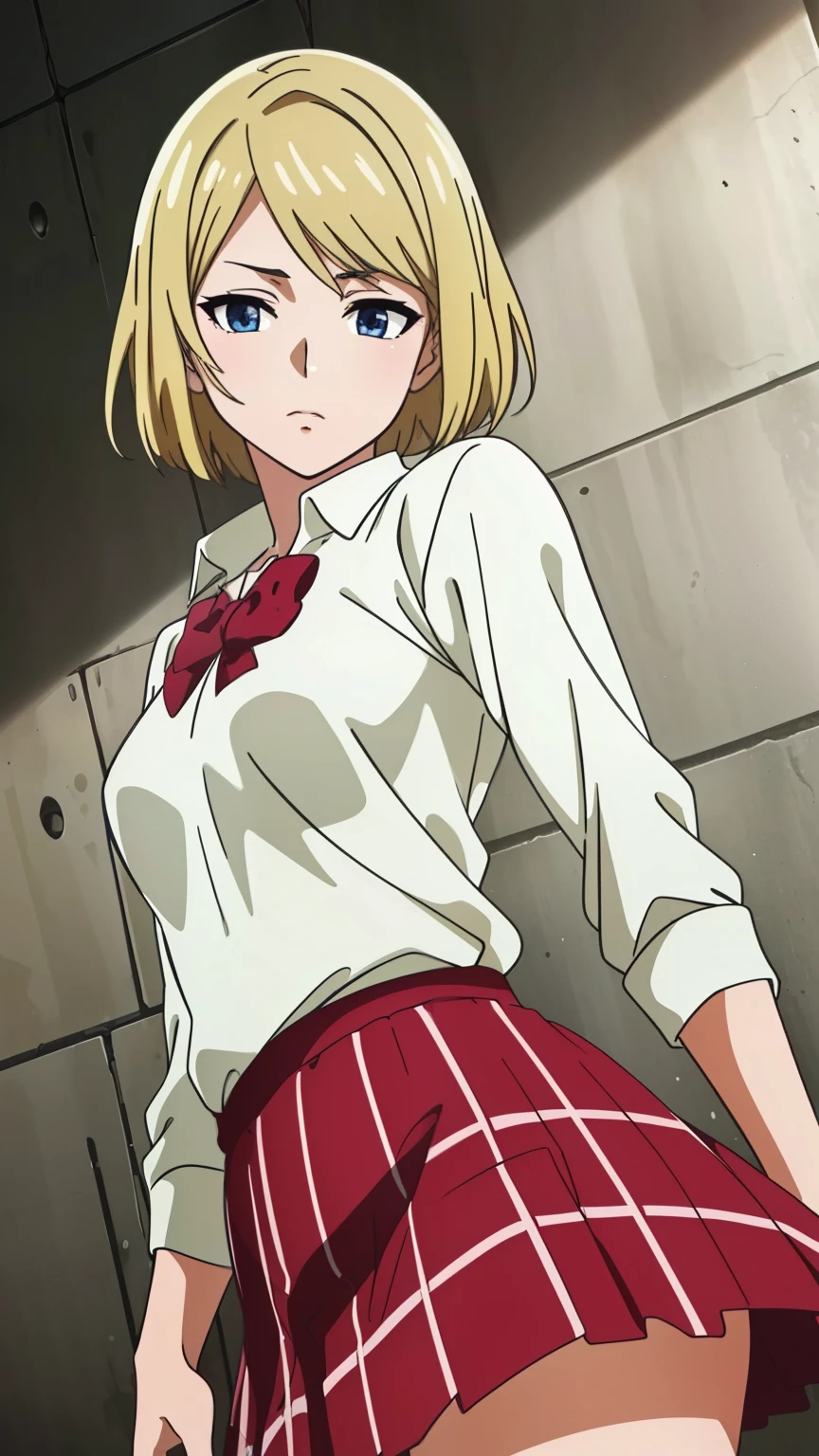 (Top quality, masterpiece, 8k), (Realistic skin texture), (anime coloring), Very detailed, very detailed, perfect face, beautiful eyes, perfect eyes, detailed eyes, feature large highlight, detailed face, ultra-detailed, detailed eyes, symmetrical eyes, (Dynamic angle), (expressionless), Sharp details, sonokata misuzu, blonde hair, short hair, (((short stature))), (small medium breasts:1.2), healthy skin, (half closed eyes:1.0), (mature face:1.4), (white shirt, red check pattern mini skirt, thighs, schoolyard, dirty eyes, , (cowboy shot:1.5), looking at the viewer, in the center of the image
