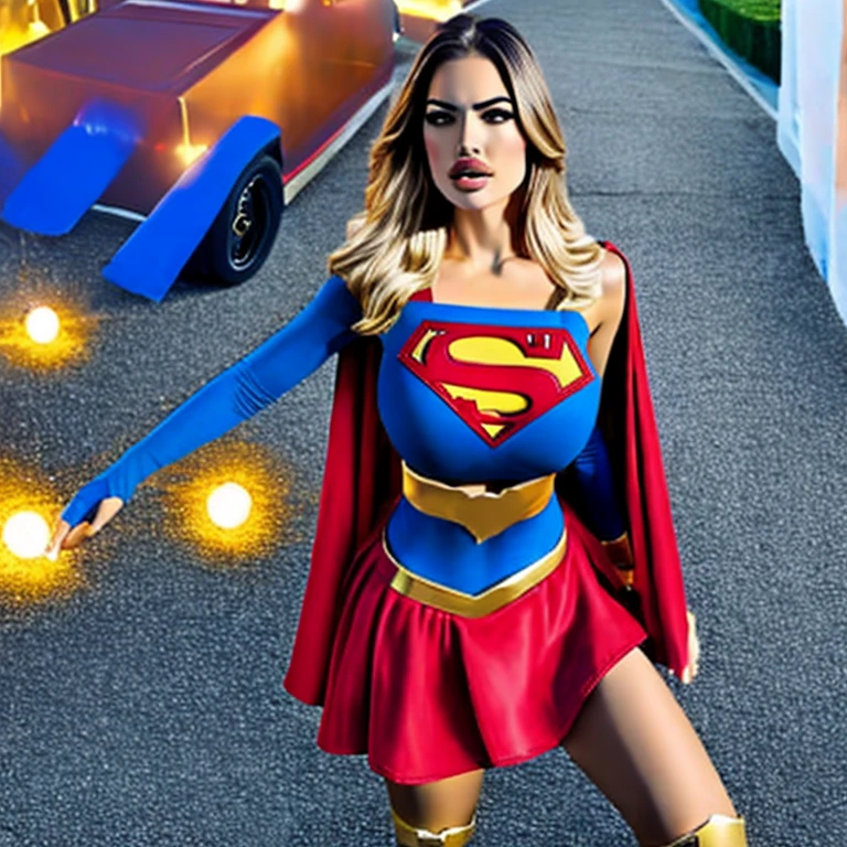    (  top quality  ), (  top quality  ), (Overall view), Backstreets,Supergirl with a sexy body,  Big Breasted ,  beauty,         plump lips  ,    halter neck tops  ,     short skirt  , Cape,    boots, low top    ,   gloves