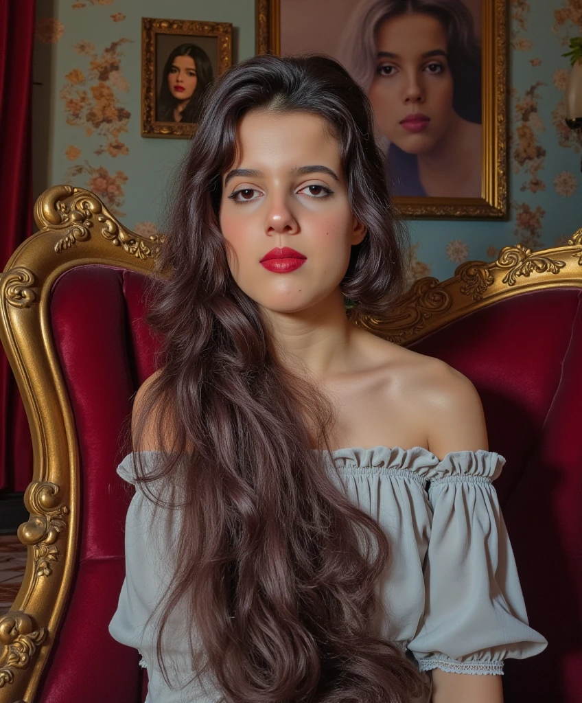 (She is looking at the viewer lovingly). the scene is a surreal, luxurious image of a (((completely bald woman))). ((Her head is smooth bald)), she is sitting elegantly on a lavish, baroque-style couch with ornate golden carvings. She is dressed in a flowing dress with delicate lace details that catch the soft ambient light. (((Her hairless head is smooth and pale))). Her ethereal face is pale and freckled. ((((Her left hand is on top of a pile of cut long dark hair strands on her lap, spilling to the ground))). (((A hair trimmer is held in her right hand)))). (((In focus and in view, hanging on the wall behind her is a (large framed portrait of her with long flowing hair)))). The room around her is richly decorated, with heavy velvet curtains in a deep crimson hue and walls adorned with intricate, golden floral patterns. A vintage lamp casts a warm glow, contrasting with the cool blue light that illuminates her. The scene has a cinematic, dreamlike quality, with subtle hints of abstraction—the colors appear rich and saturated, giving the room an almost otherworldly atmosphere.
