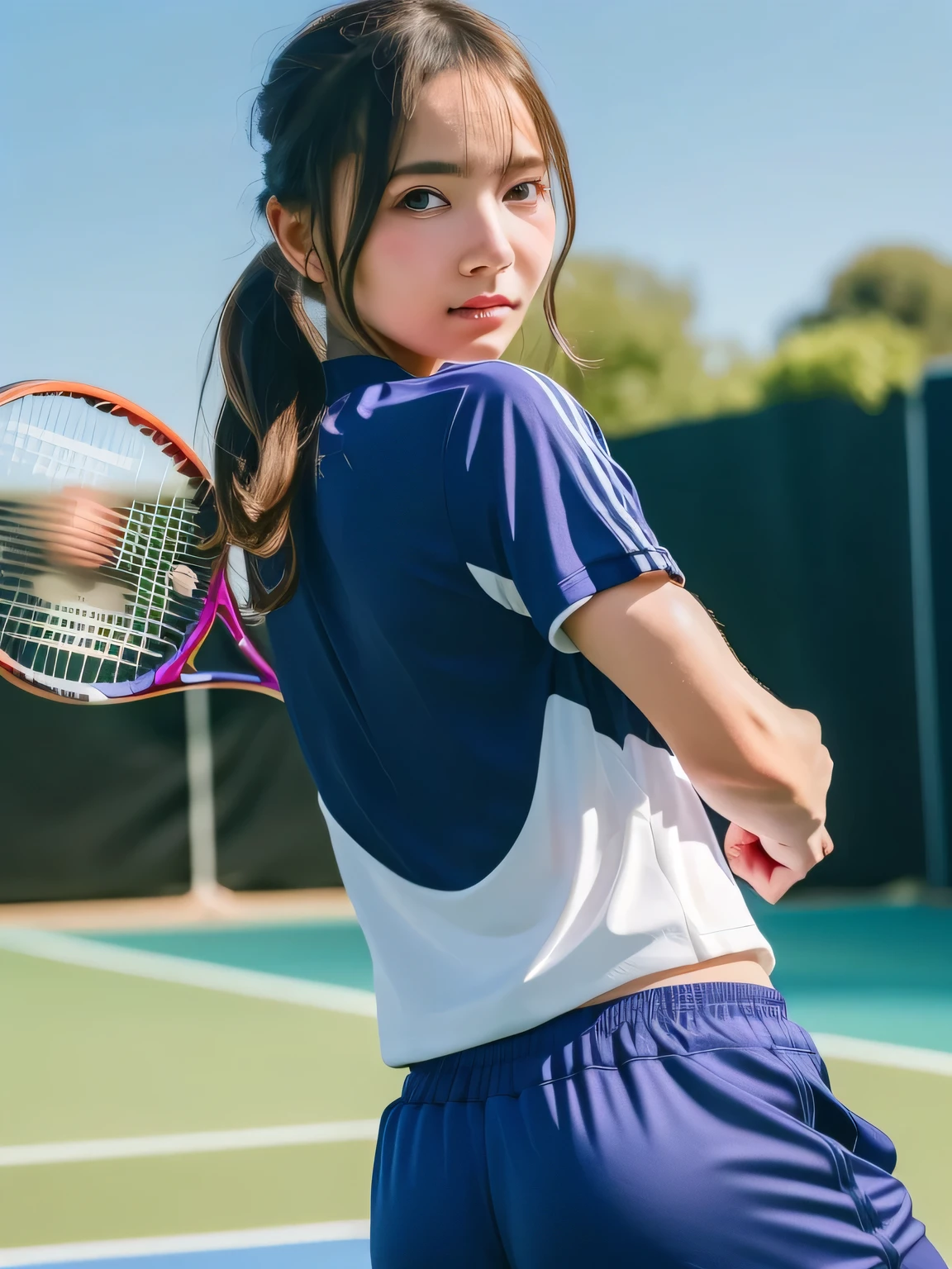 A young female tennis player dressed in a sleek blue tennis outfit stands ready, with her white undergarments visible. gripping her tennis racket with both hands in a poised and focused stance. The sunlight highlights the crisp lines of her attire and the polished strings of the racket. Her determined gaze locks onto an unseen opponent, exuding confidence and anticipation. The lush green grass of the tennis court extends into the distance, framed by a clear blue sky. This dynamic scene captures the perfect blend of elegance, power, and athletic prowess, showcasing her readiness to strike with precision and grace. smiles gently, FRIENDLY. ( RAW photos , top quality ), ( realistic , photo- realistic :1.4), masterpiece, extremely delicate and beautiful, extremely detailed, 2k wallpaper, amazing on the beach, Detailed description, extremely detailed CG unity 8k wallpaper, ULTRA DETAIL, high res, Soft light, beautiful detailed girl looking back, extremely detailed eyes and face, beautiful detailed nose, beautiful detailed eyes, cinematic lighting, Perfect Anatomy, slender body.