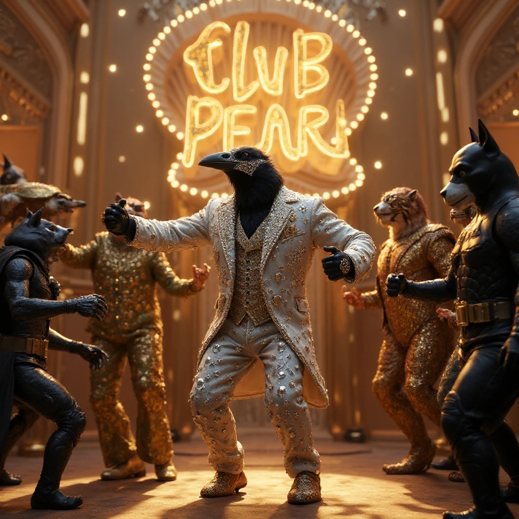 Muscular, black feathered, anthropomorphic crow donned in a white & gold suit covered in diamonds. Wearing an intricate diamond masquerade mask. Suit jacket is unbuttoned as he dances. Dynamic dancing pose. The dance floor has a Turtle donned in black and gold diamond suit and masquerade mask, 1 black furred Wolf dressed in a shining golden suit covered in diamonds, 1 Tiger dressed in an intricate red and golden suit with diamond trim, 1 Great Dane jedi donned in glittering diamond jedi clothes and masquerade mask, Neptune God of the Seas dressed in a diamond emerald toga, 1 Hedgehog dressed in masquerade, Batman donned in a sparkling gray suit with diamond and masquerade mask, 2 cats, all dressed in fancy masquerade suits. Masquerade masks. Dynamic posing, Dynamic Dancing. A gorgeous clam shaped sign that reads "Club Pearl". High Resolution, Masterpiece, Cinematic, Cinematography, Hyperdetailed, Hyperrealism, dynamic dancing. The phrase "Happy New Year MAB!!!" In bright shining diamond letters