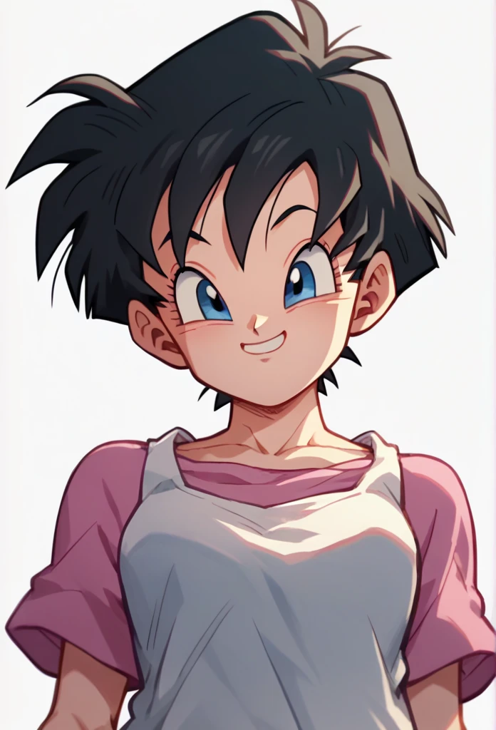 score_9, score_8_up, score_7_up, anime screencap, BREAK
1girl, videl, black hair, short hair, blue eyes, pink shirt, white sleeveless loose shirt,
upper body, smile, standing, looking at viewer, solo, simple background, white background   