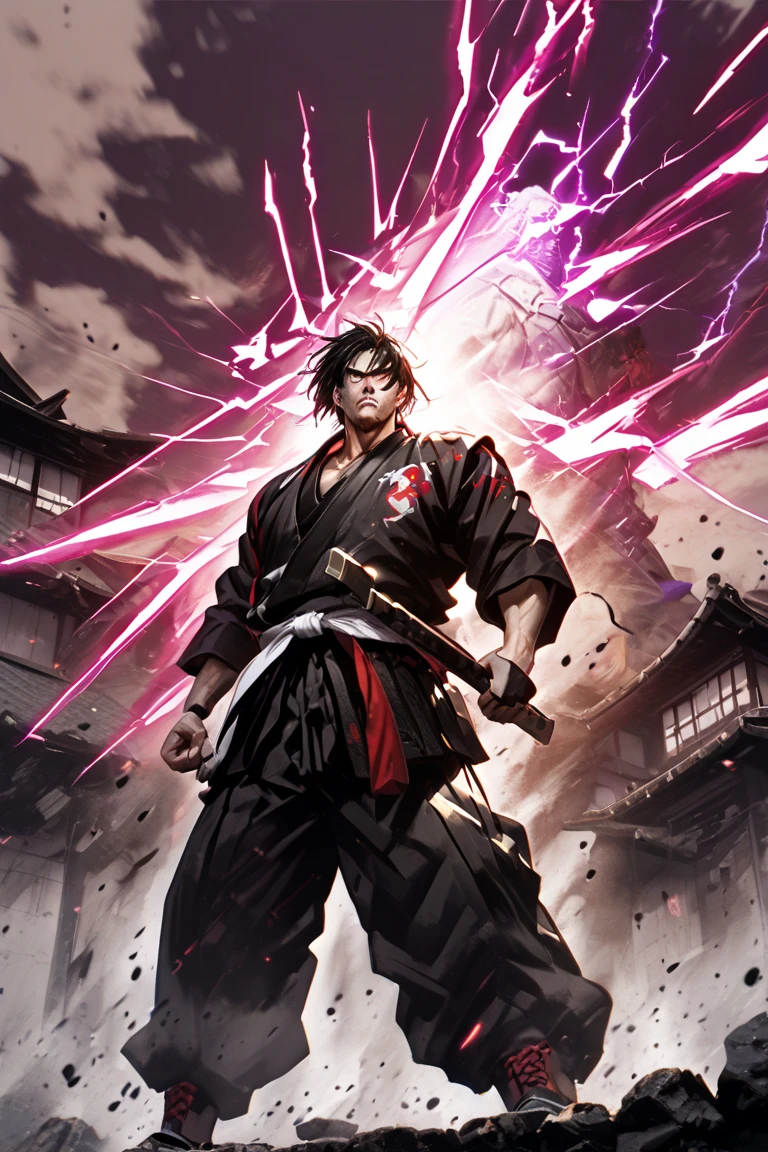 A tall white guy holding a purple and red lightning infused greatsword , purple and red lightning effects, japanese village backround, black Taekwondo uniform