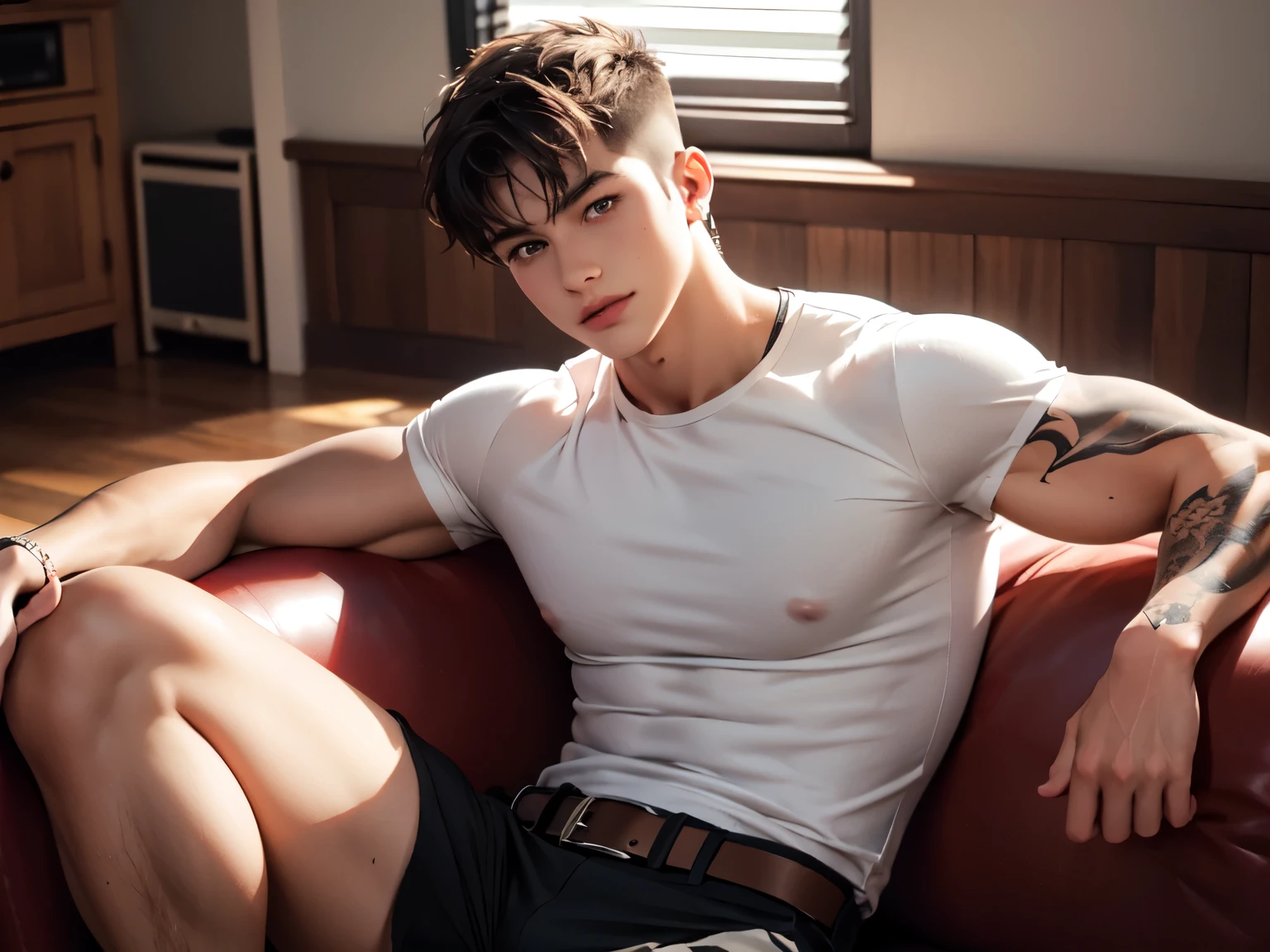 Handsome tall young man with white skin, straight black hair, green eyes, muscular body, sensual, sexy, hot, in white pants, with large genital volume, shirtless, with a tattoo on his arm, lying on the bed