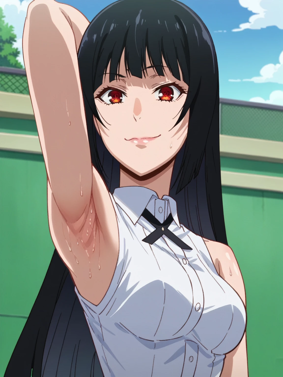 a close up of a person wearing a volleyball uniform, a picture, inspired by Kentaro Miura, trending on pixiv, Jabami Yumeko, Kakegurui,red eyes,long hair, wearing a low cut croptop, wearing croptop, croptop, golden raito, (winking), large)}], favorite scene, fine details. anime. skins, sweating, , both hands raised, armpits, armpits visible, dripping with sweat, more more sweat, sweaty armpits, smile