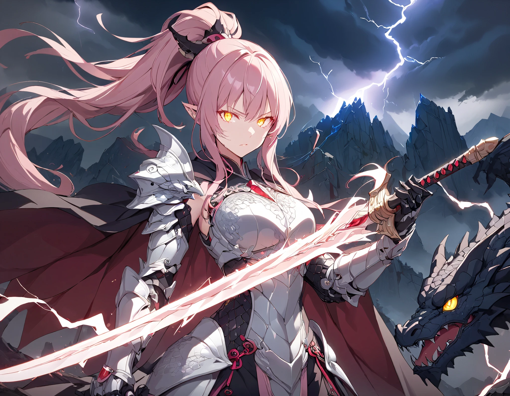 ((best quality)), ((masterpiece)), (detailed), perfect face, (best quality), (detailed skin:1.3), (intricate details), pink hair, long ponytail, ining silver armor adorned with intricate engravings, holding a majestic sword that glows faintly with an otherworldly light. Her short, flowing cape flutters in the wind, and her determined expression shows unwavering courage. The dragon is colossal, its scales shimmering in dark hues of red and black, with glowing yellow eyes and menacing claws. The setting is a rocky mountain peak under a stormy sky, with lightning illuminating the scene, creating an epic and dramatic atmosphere.