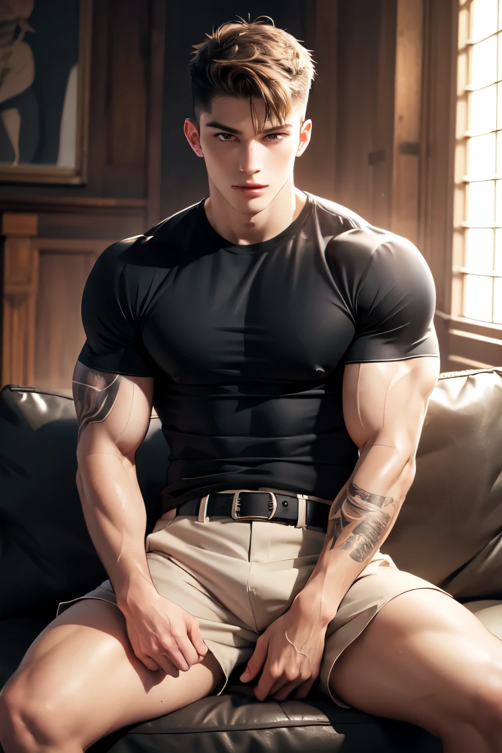 nick jonas is a gym bro college student sitting in the middle of a messy dorm room flexing his muscles shirtless with big chest and biceps flexing playing with his nipples and wearing a jockstrap and knee high socks long socks calf socks with sneakers looking at the camera dimly lit night full body shot