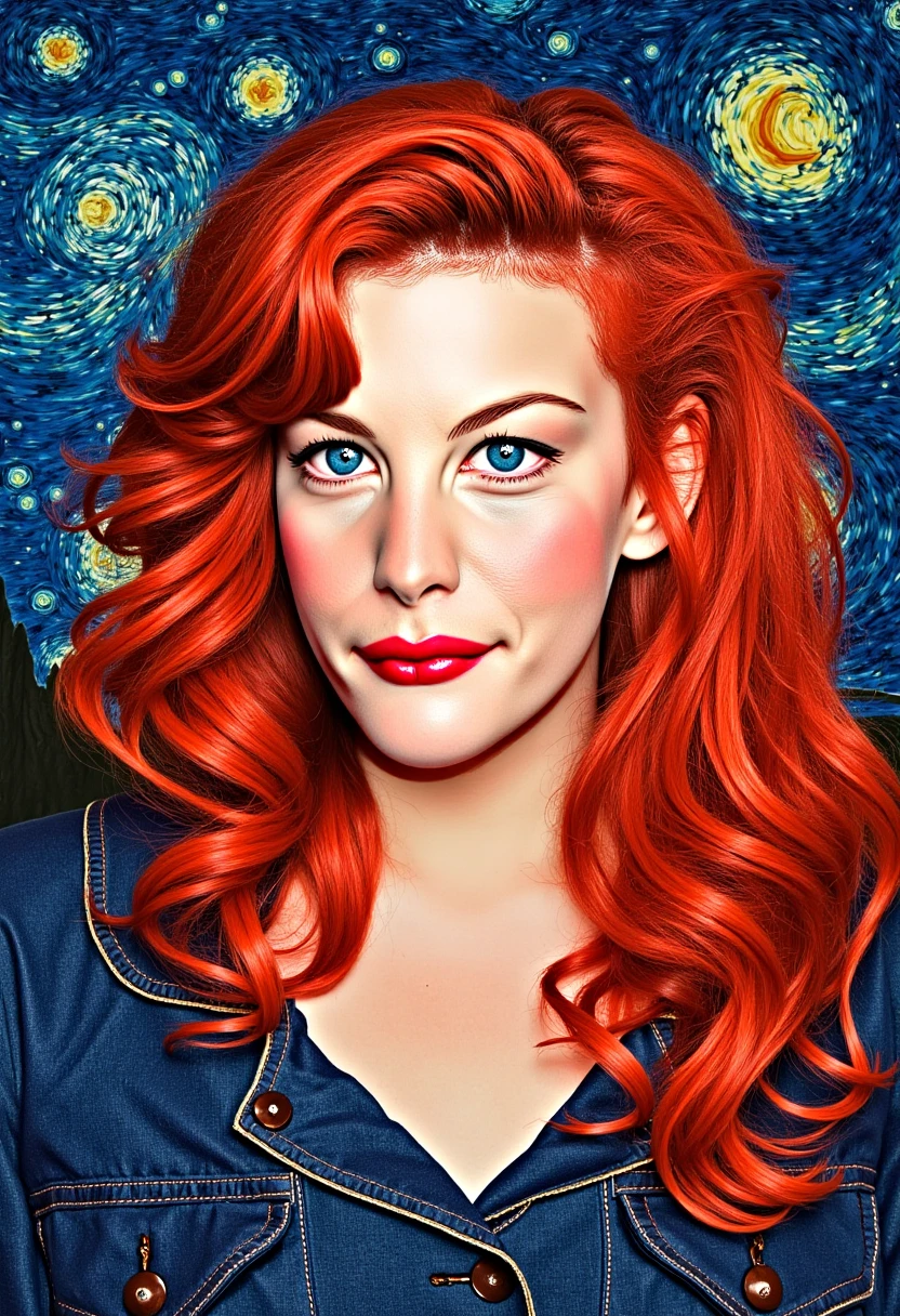 LivTylerFlux, A woman with flowing red hair, painted in the style of Van Gogh, with bold brushstrokes and vibrant colors, set against a starry night sky.