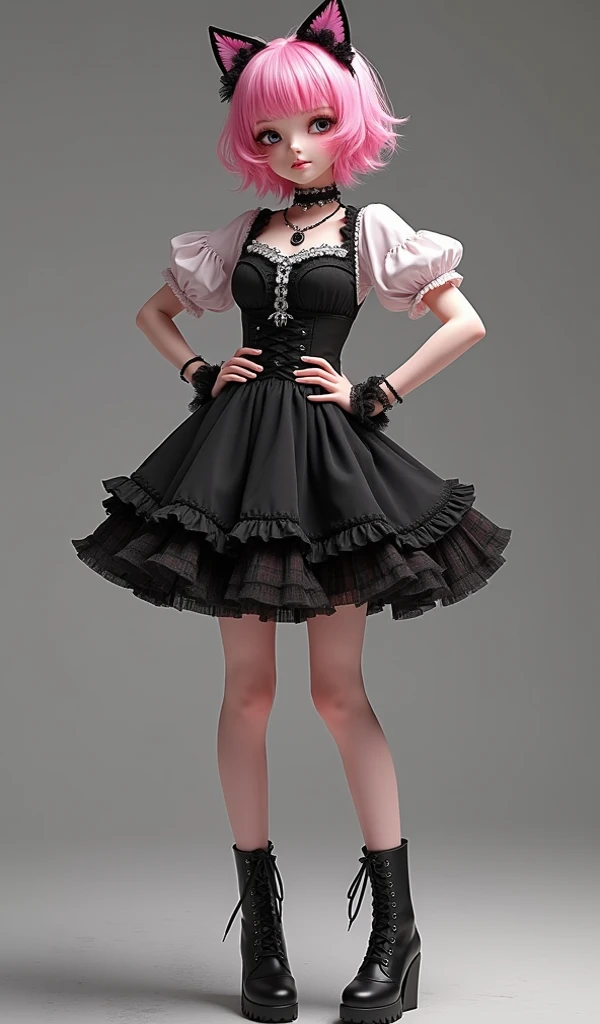 sexy stylish Swedish model, only 1 female, ((doll-like appearance)), very short stylish hair, ((shiny Aquors Love-Style boots)), (big smile), ultra detailed eyes,beautiful vivid eye makeup, lip-gloss, long lashes, defined eyebrows, ((sexy Aquors Love cosplay)), bell-shaped skirt, petticoats, ((ultra detailed lace)), ((ultra detailed embroidery)), intricate details, Aquors Love accessoires, Aquors Love choker, cinematic light, detailed large park background with trees