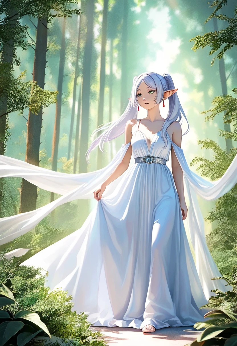 Frieren, (Race: Elf, Long pointed ears), ethereal elf girl in a serene forest, detailed face, piercing eyes, elegant flowing dress, sunlight filtering through the trees, lush greenery, photorealistic, cinematic lighting, dramatic colors, fantasy, highly detailed, intricate background, away from the camera, anatomically correct