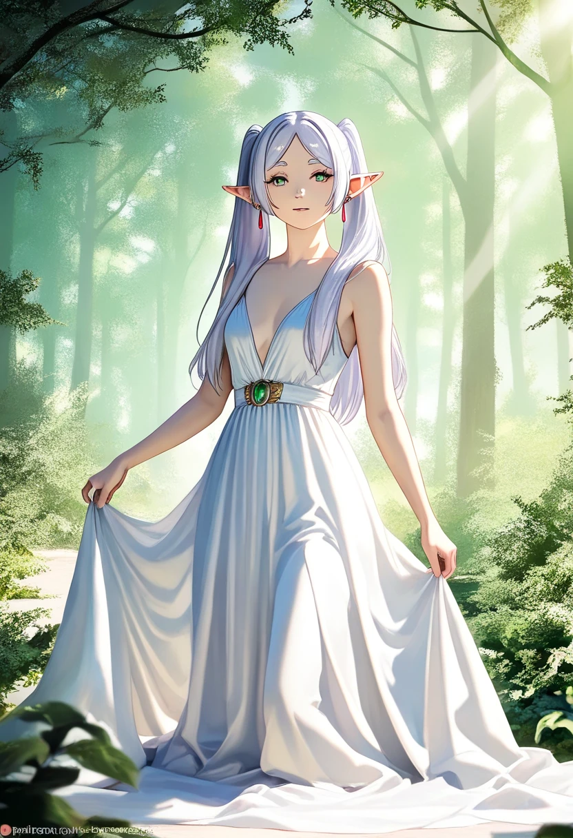 Frieren, (Race: Elf, Long pointed ears), ethereal elf girl in a serene forest, detailed face, piercing eyes, elegant flowing dress, sunlight filtering through the trees, lush greenery, photorealistic, cinematic lighting, dramatic colors, fantasy, highly detailed, intricate background, away from the camera, anatomically correct