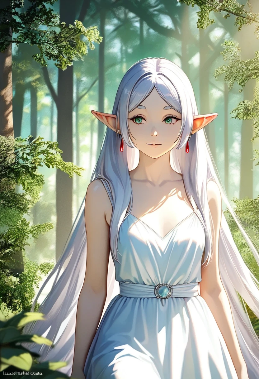 Frieren, (Race: Elf, Long pointed ears), ethereal elf girl in a serene forest, detailed face, piercing eyes, elegant flowing dress, sunlight filtering through the trees, lush greenery, photorealistic, cinematic lighting, dramatic colors, fantasy, highly detailed, intricate background, away from the camera, anatomically correct