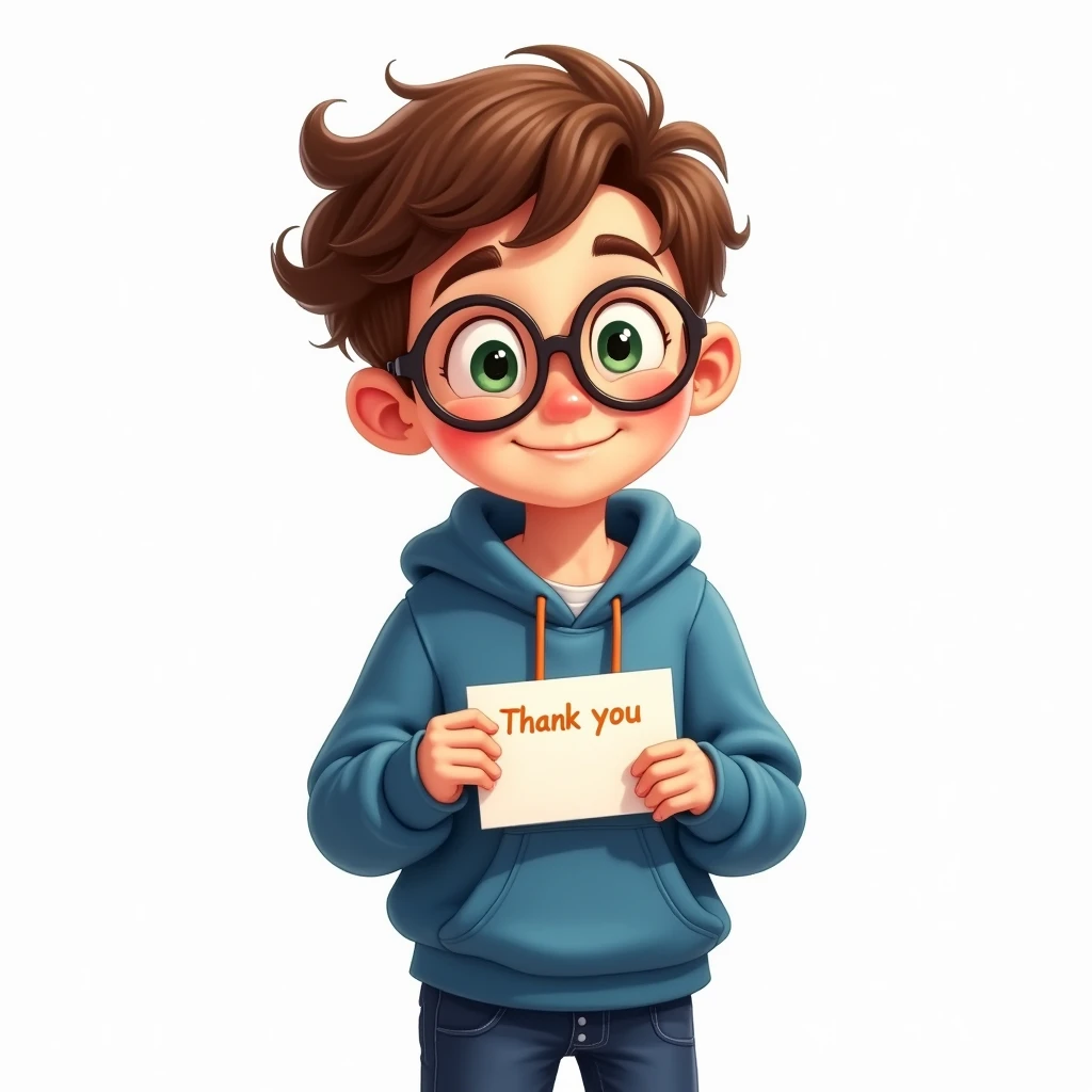 a one year old baby standing wearing boots, jeans and glasses holding a sign to his chest
