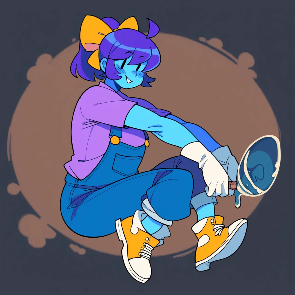 PDXL, score_9_superior, score_8_superior, score_7_superior, Highest quality, masterpiece, sauce_anime, Dark Background, indoor, Dim lighting, Old house, night, Detailed Background, Break 1 Girl, alone, Marina_(/Noil/), Dot Eye, Ghost, Ghost girl, Purple Hair, ponytail, Blue Skin, Blue body, Purple Hair, bow, shoes下, shoes, Yellow sneakers, Bottomless, View your viewers, Wearing a green shirt, Blue Overalls, White gloves, Green hat,