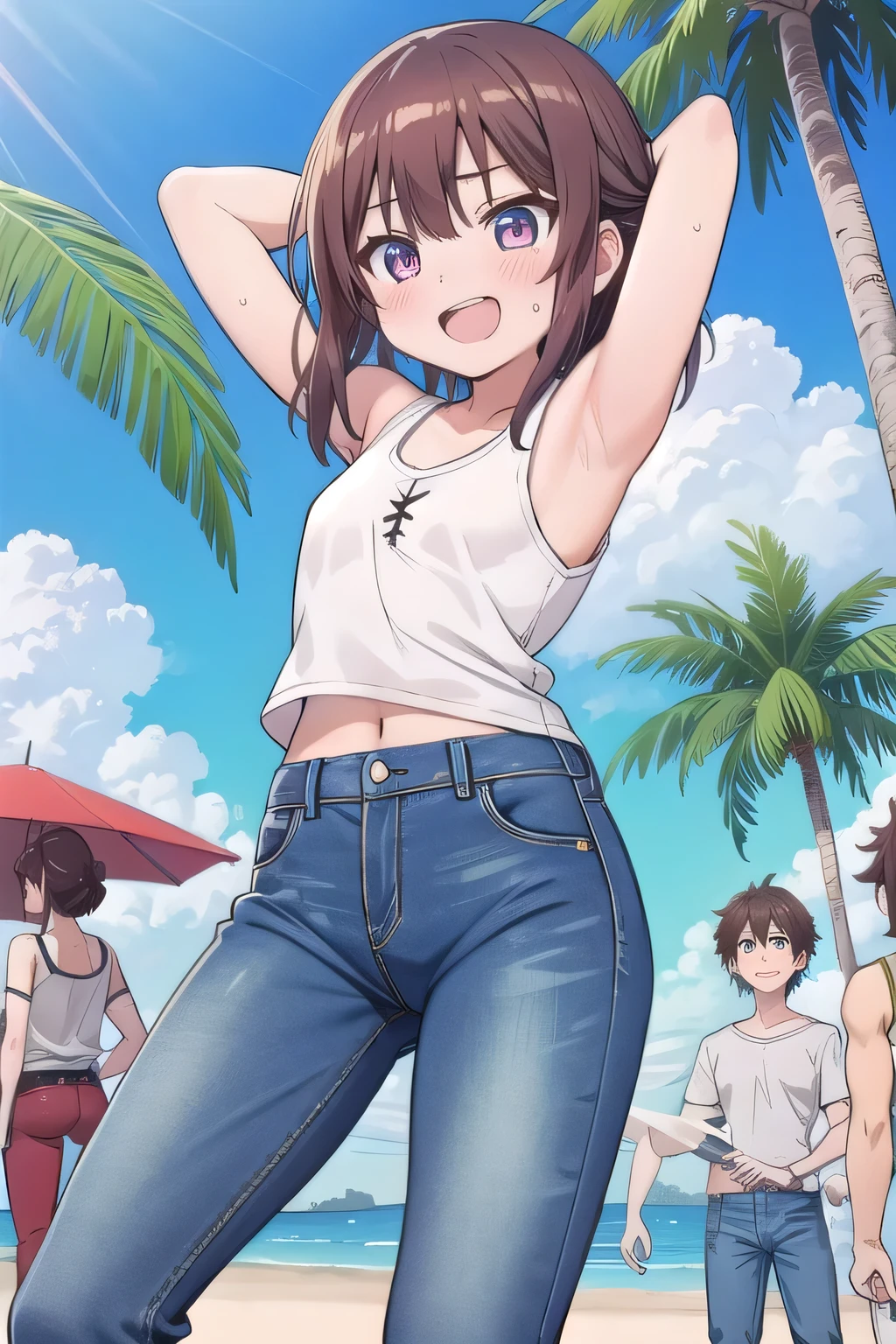 masterpiece,best quality,ultra detail,1girl, **yo, ***ite, ((round face, ecstasy, orgasm face, drooping eyes, shame smiling, blush)), dropping eyes, sleepy, background((under the beach, (day:1.2), palm tree, bright sky)), megumin, brown hair, short hair, arms behind head, contrapposto, spread armpits, looking at viewer,, white tank top, white crop top, (jeans pants:1.2, flares jeans:1.2, skinny jeans:1.2, blue jeans:1.2), standing, (legs spread:1.2), dynamic pose, Sweaty crotch, Steam from the crotch, (view wide:1.15), medium body