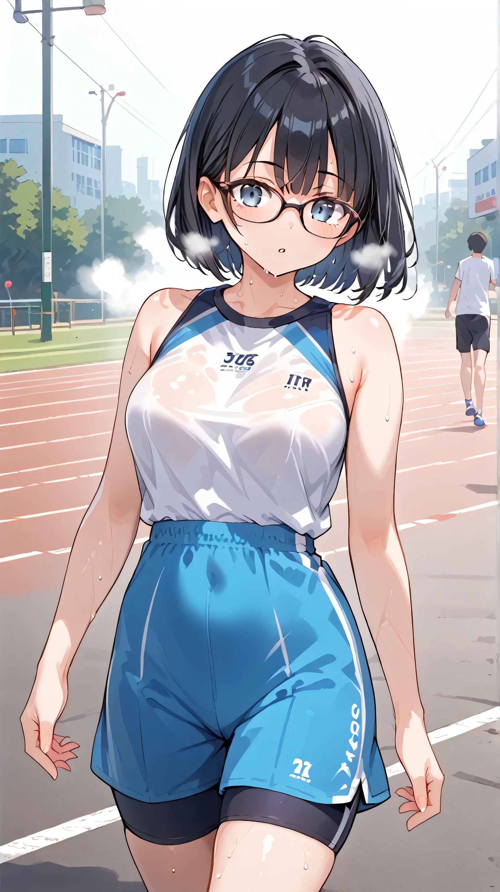 Black hair, glasses, marathon running, sweaty, steam coming off body