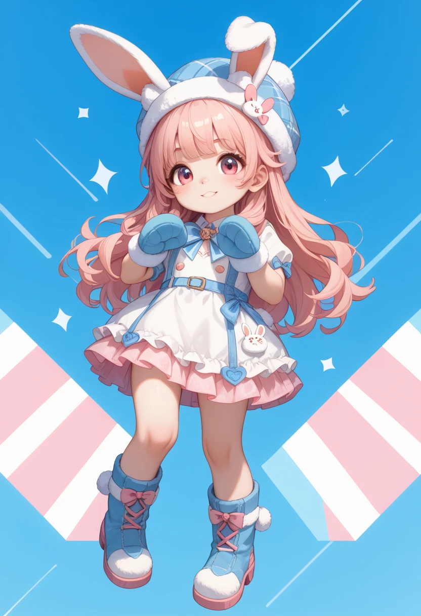 １ cute girl、Bouncy low twin、hot bangs 、Rabbit clothes with fur  、Knitted hat、Mittens、 boots、Deliver in a cute rabbit pose、  simple background、blue sky geometric pattern background、masterpiece、 top quality 、 high res